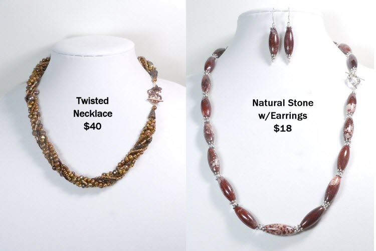 Twisted Necklace $40, Natural Stone Necklace with Earring $18